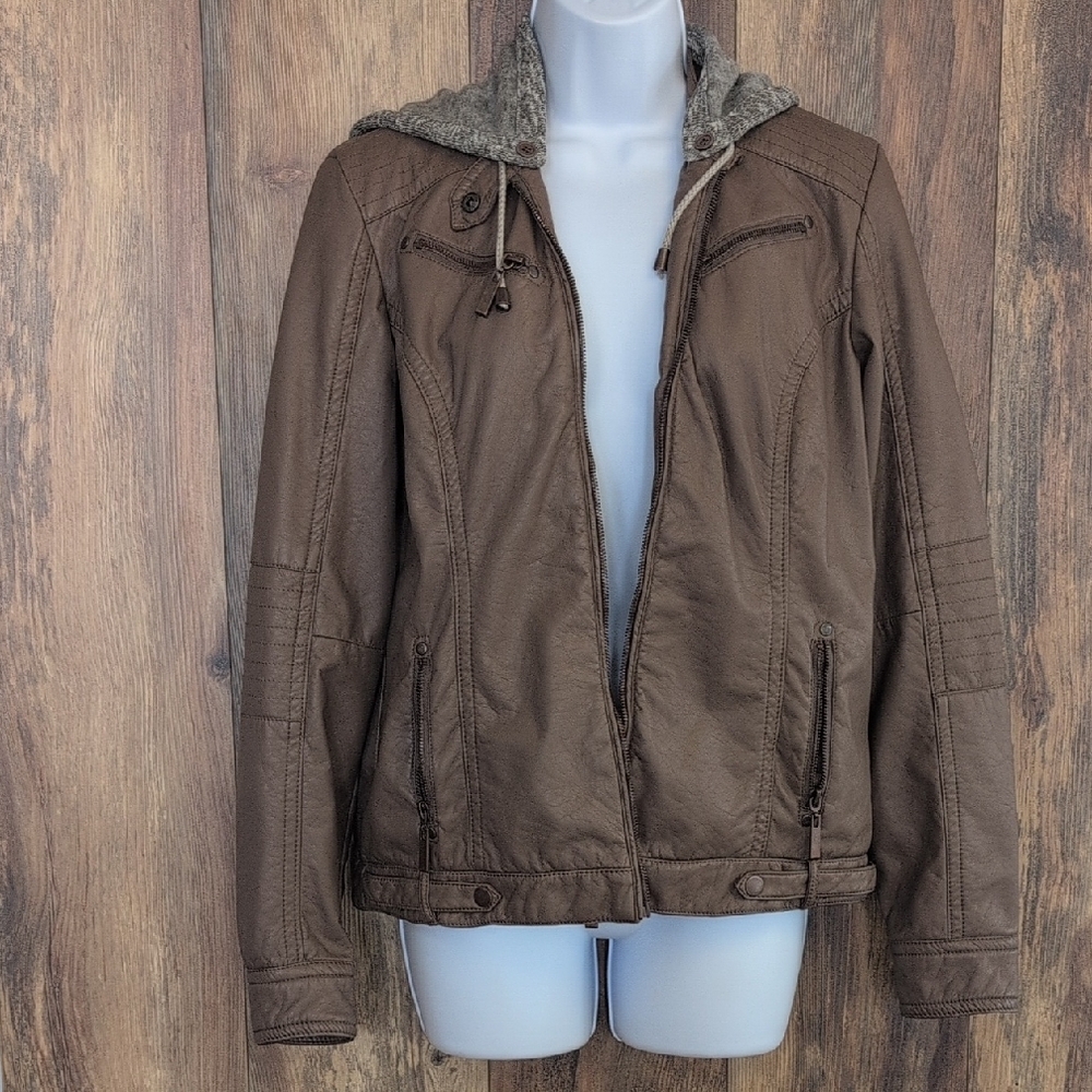 Vanity Brown Faux Leather Jacket with Gray Removable Hood M 209JH